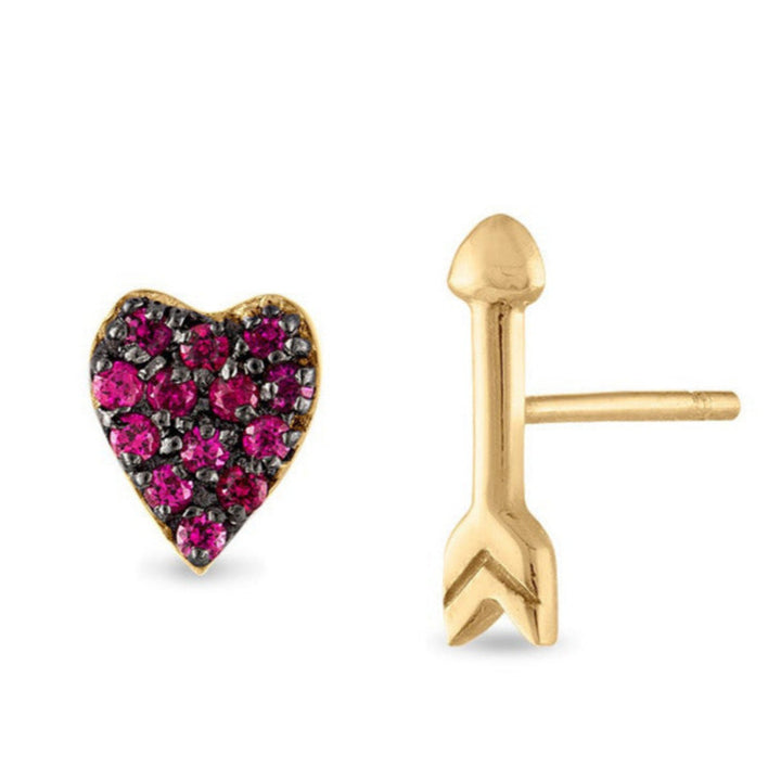 Pave Ruby Heart and Arrow Studs